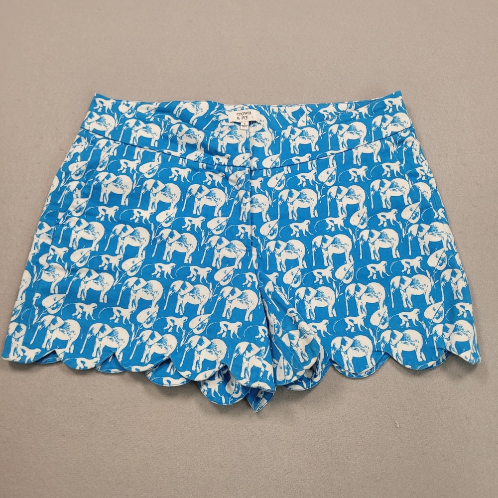 Crown & Ivy Blue White Elephant Monkey Scalloped Hem Shorts Size 4 Novelty Print